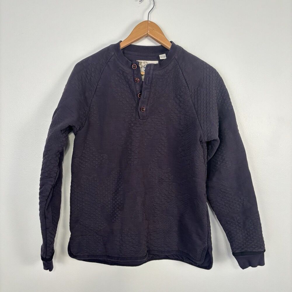 32 Bar Blues Men's Large Embroidered Henley Crewneck Pullover Sweater Navy Blue
